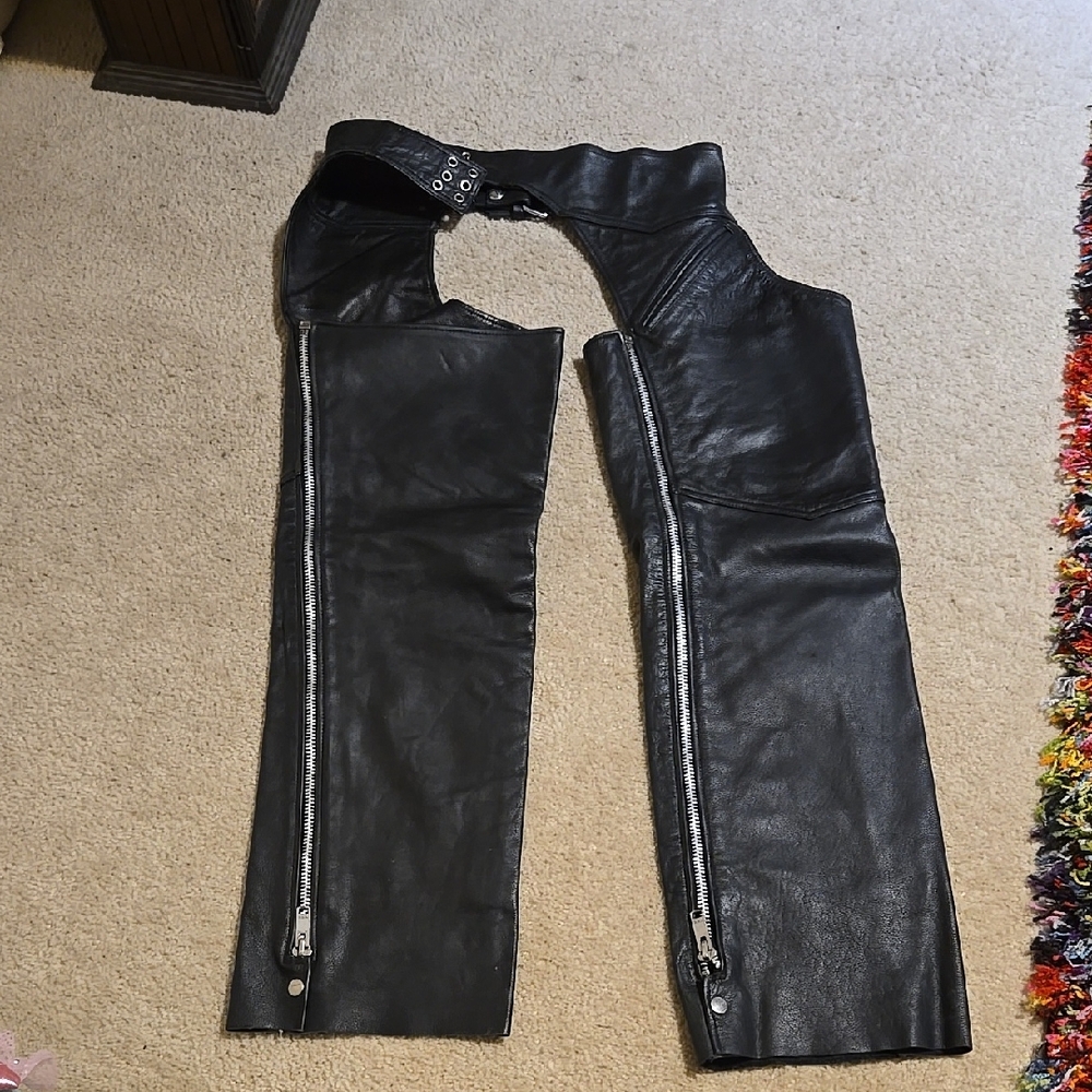 Black Leather Chaps with Zipper Detail